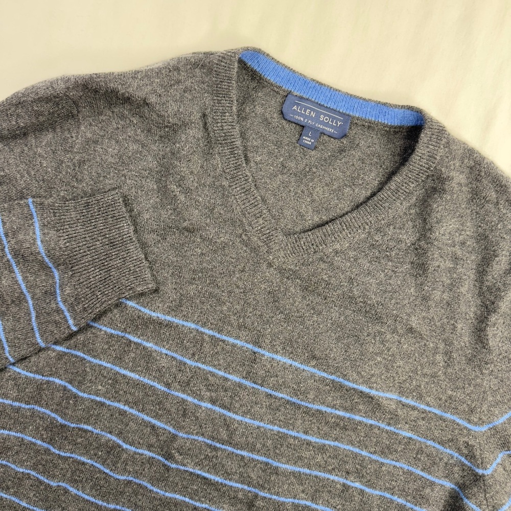 Allen‎ Solly Sweater Men's Large Cashmere Dark Gray Blue Stripe Long Sleeve